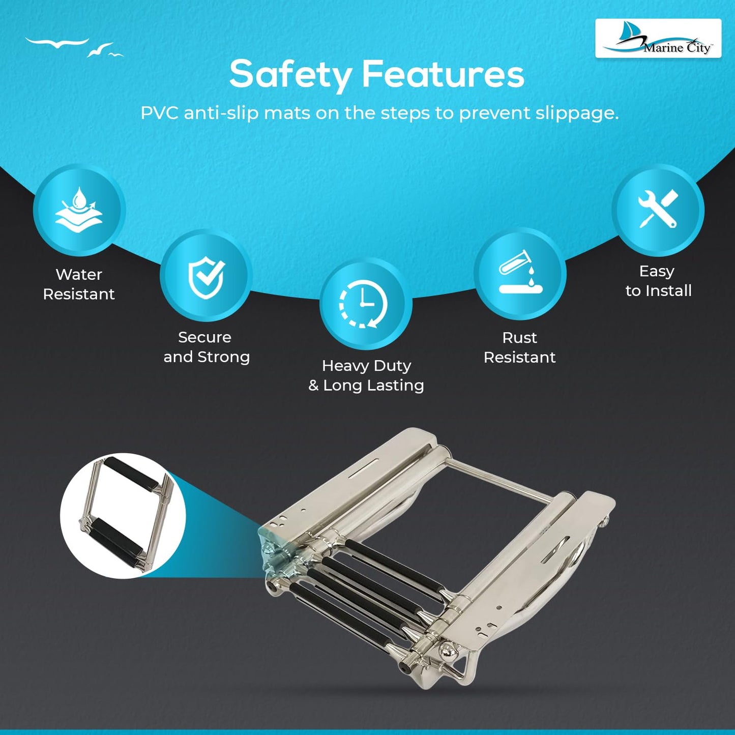 MARINE CITY 3-Step Under Platform Telescoping Boat Ladder with Retractable Handrail – 316 Stainless Steel, Rust-Resistant, 400 lbs Capacity, Space-Saving Design for Boat & Yacht