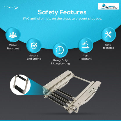 MARINE CITY 3-Step Under Platform Telescoping Boat Ladder with Retractable Handrail – 316 Stainless Steel, Rust-Resistant, 400 lbs Capacity, Space-Saving Design for Boat & Yacht