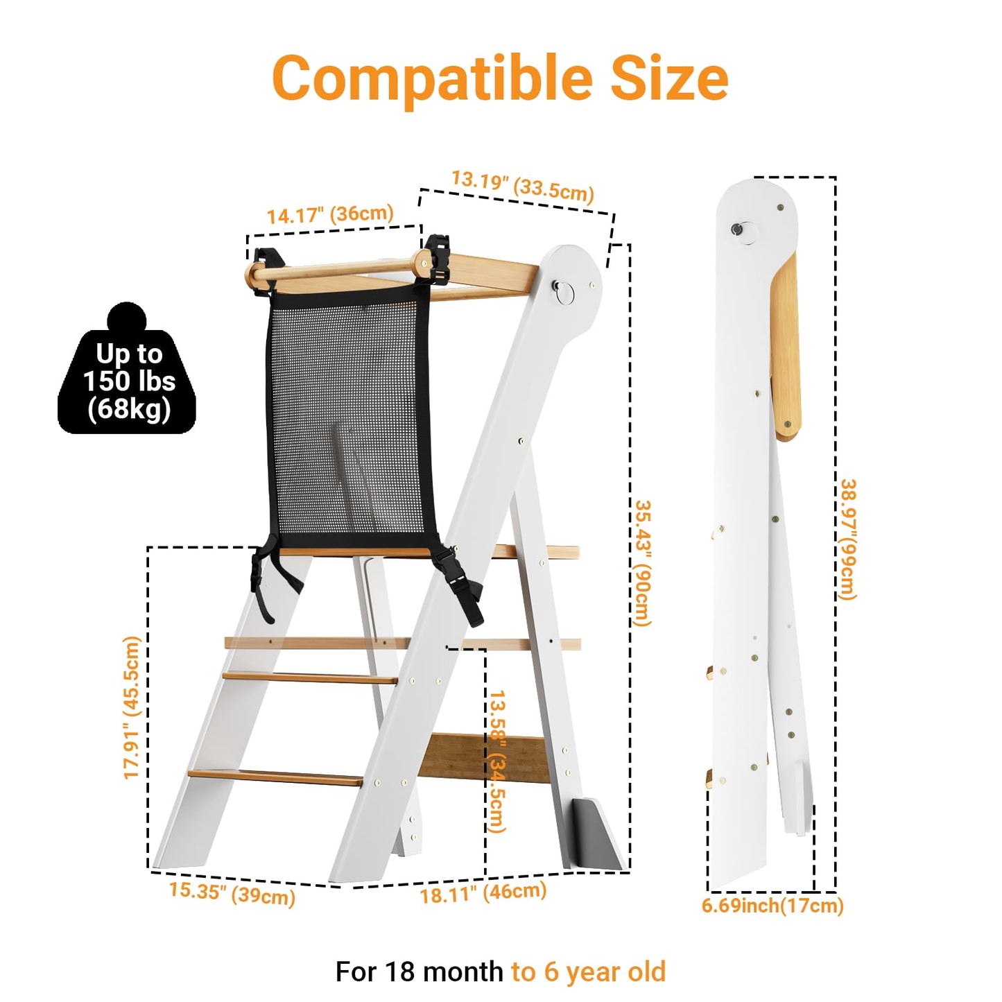 COSYLAND Foldable Toddler Kitchen Stool Helper - Height Adjustable Standing Tower for Bathroom Sink or Kitchen Counter - Step Stool for Toddlers Ages 18 Months to 6 Years White & Natural