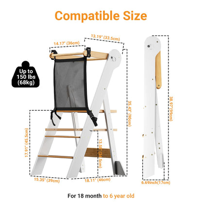 COSYLAND Foldable Toddler Kitchen Stool Helper - Height Adjustable Standing Tower for Bathroom Sink or Kitchen Counter - Step Stool for Toddlers Ages 18 Months to 6 Years White & Natural