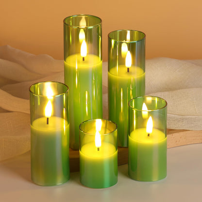 Girimax Green Glass Flameless Pillar Candles with Remote Batteries, Flickering Slim Tall LED Wax Candles Set of 5