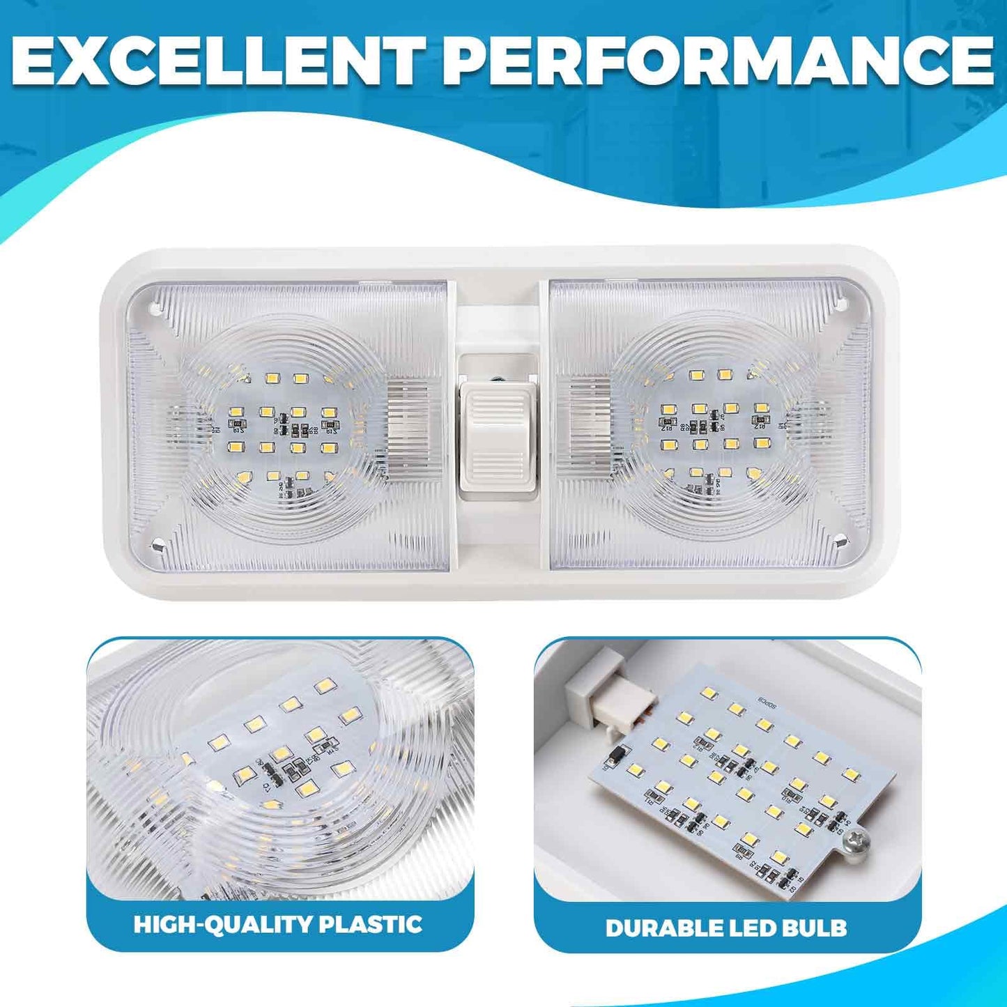 KUAFU RV Ceiling Lights 12V LED Double Dome Interior Lighting, 5 Pack, Clear Lens, Model GO-3265, Plastic Material