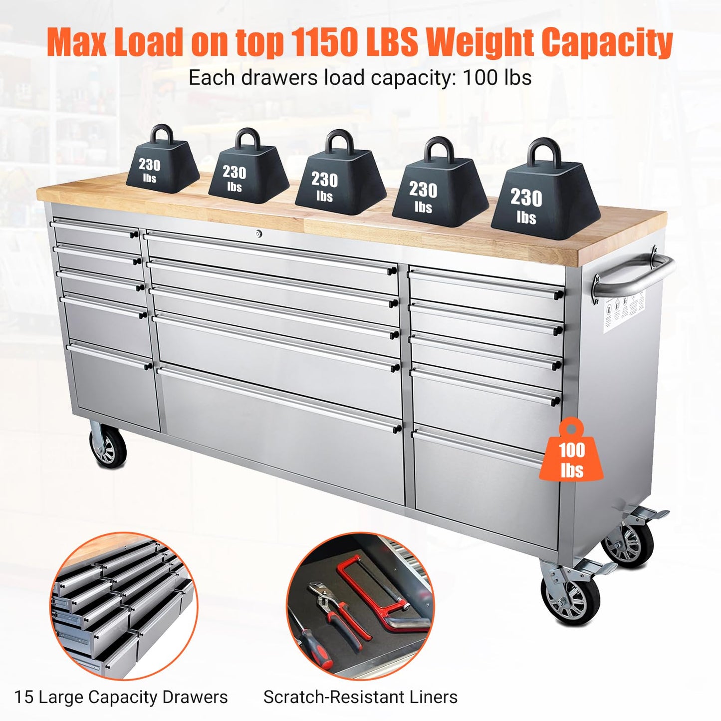72 Inch Heavy Duty Rolling Tool Chest, Stainless Steel Tool Cabinet with 15 Drawers, Solid Wood Top Workbench, Mobile Toolbox Organizer with Locking Wheels, Power Outlets, for Garage, Workshop, Storag