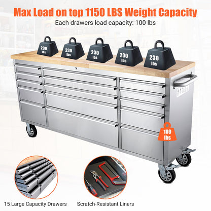 72 Inch Heavy Duty Rolling Tool Chest, Stainless Steel Tool Cabinet with 15 Drawers, Solid Wood Top Workbench, Mobile Toolbox Organizer with Locking Wheels, Power Outlets, for Garage, Workshop, Storag