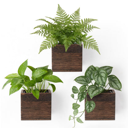 Dahey Small 4 Inch Wood Wall Hanging Planter Boxes for Indoor Plants 3 Pcs Square Rustic Farmhouse Wall Mounted Flower Pot Vases with Plastic Liner for Garden Home Centerpiece Decor(No Plant Included)