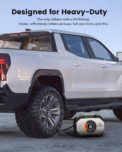 ETENWOLF Vortex S7 Tire Inflator - Portable Air Compressor for Heavy-Duty Vehicles | 160PSI, 38400mAh Battery, Dual Cylinder (Olive Green)