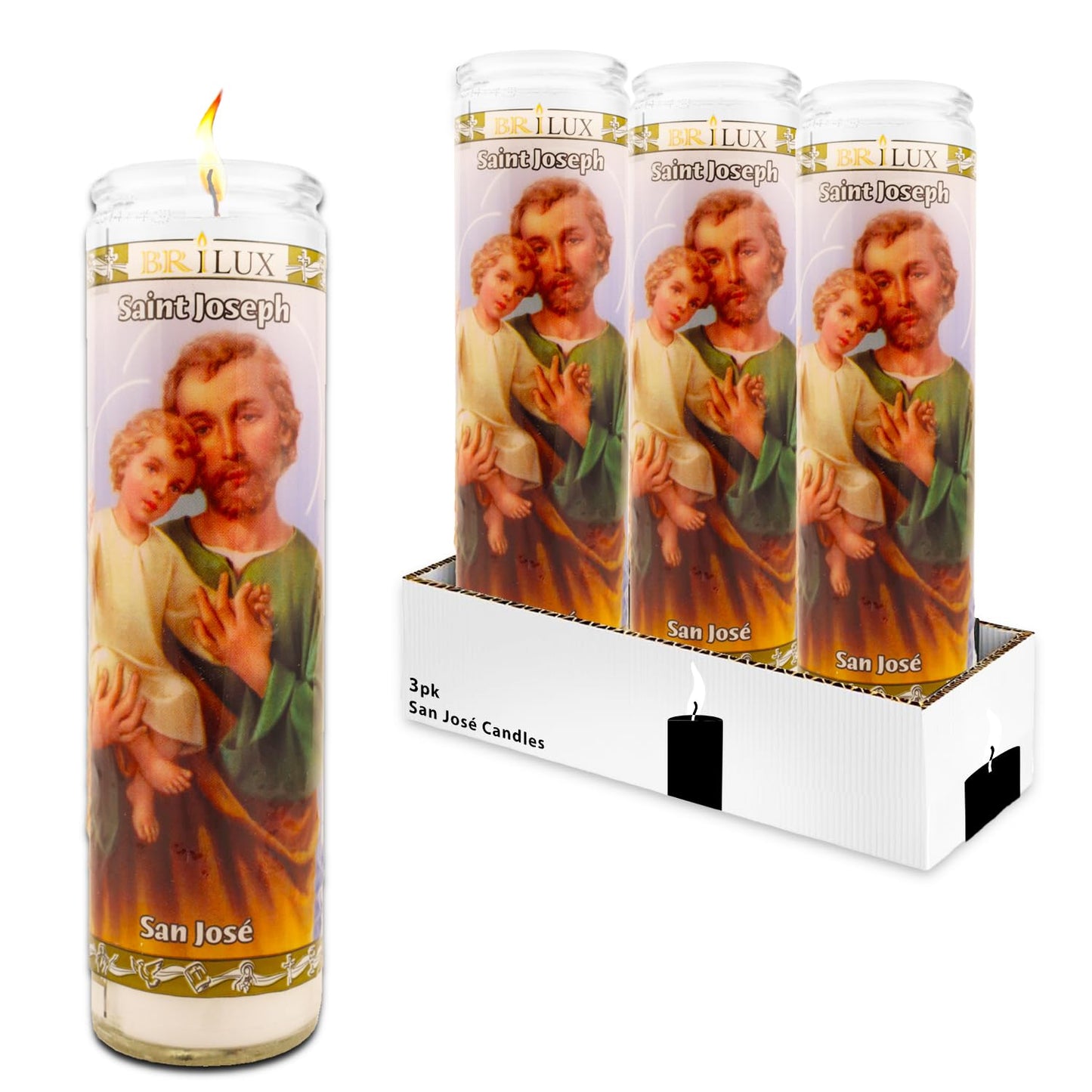 3 Pack San Jose 8" White Religious Candles - Bundle with 3 Glass Saint Joseph Devotional Candles for Vigils, Prayer, Blessing Ceremonies | Unscented Devotional Candles