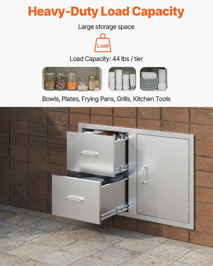 VEVOR Outdoor Kitchen Door Drawer Combo, 32.5"Wx21.7"Hx20.5"D, Access Door Double Drawers with Paper Towel Rack, BBQ Island Drawers with Stainless Steel Handles, 30.7"Wx20"Hx21"D Cutout Size