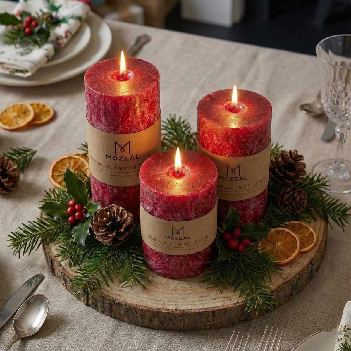 MOZEAL Hand-Poured, Unscented Red Crystal Pillar Decorative Candles, Elegant Set of 3 in Different Sizes (3"x4", 3"x5", 3"x6"), Luxurious Décor for Christmas Homes & Events