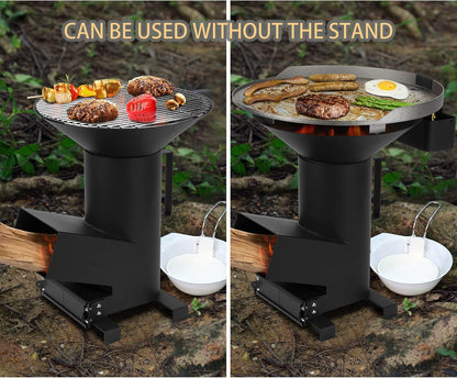 ONLYFIRE GRILLS 3-in-1 Camp Rocket Stove Kit with BBQ Grate, Griddle, Pot Rack, Portable Wood Burning Stove with Detachable Stand, Camping Gear for Outdoor Cooking Patio Barbecue RV Tailgating, GS345