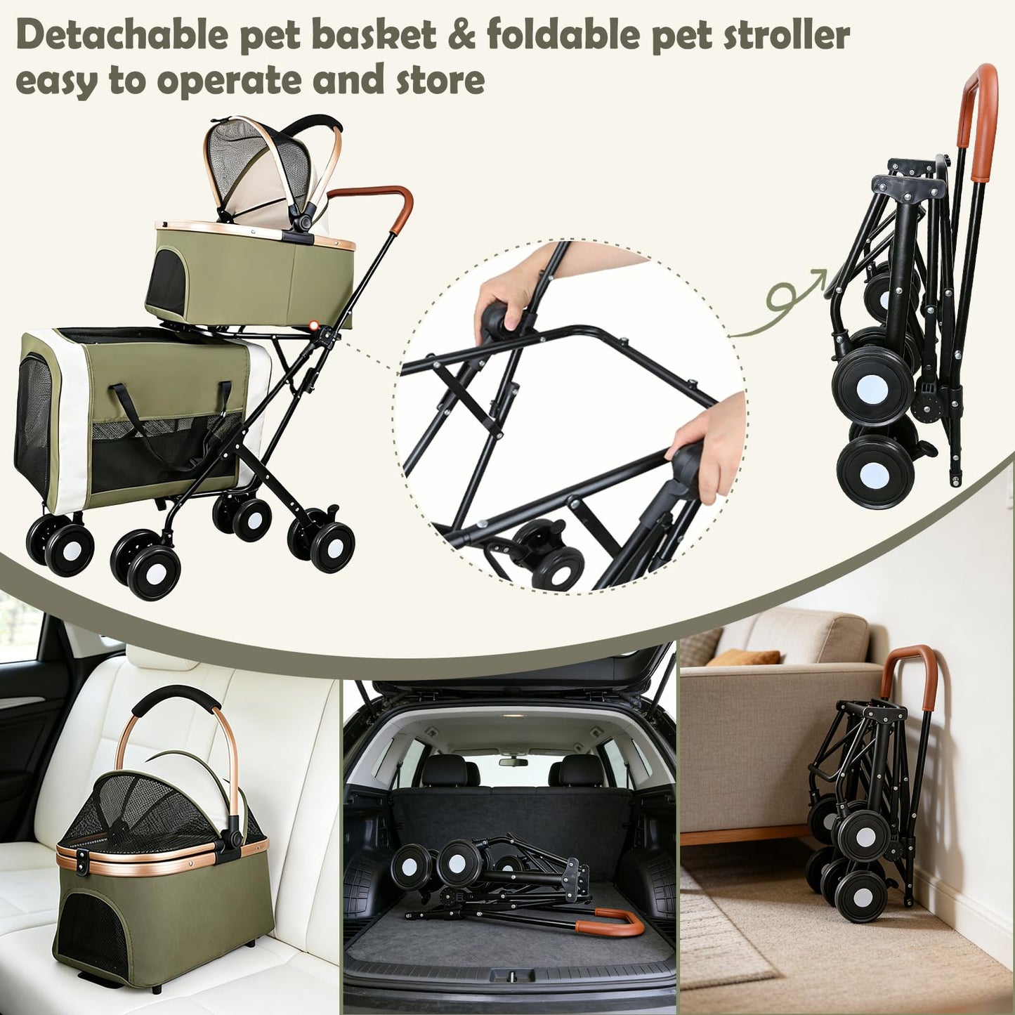 Double Pet Stroller for Dogs and Cats: Dog Stroller Foldable Travel Carriage with Detachable Carriers, Safety Belts, and 4 Lockable Wheels for Small to Medium Pets – Ideal for Multi-Pet Homes (Green)