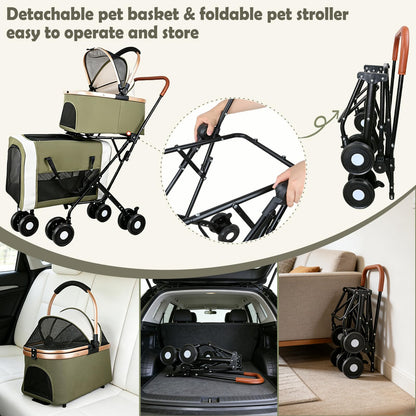 Double Pet Stroller for Dogs and Cats: Dog Stroller Foldable Travel Carriage with Detachable Carriers, Safety Belts, and 4 Lockable Wheels for Small to Medium Pets – Ideal for Multi-Pet Homes (Green)