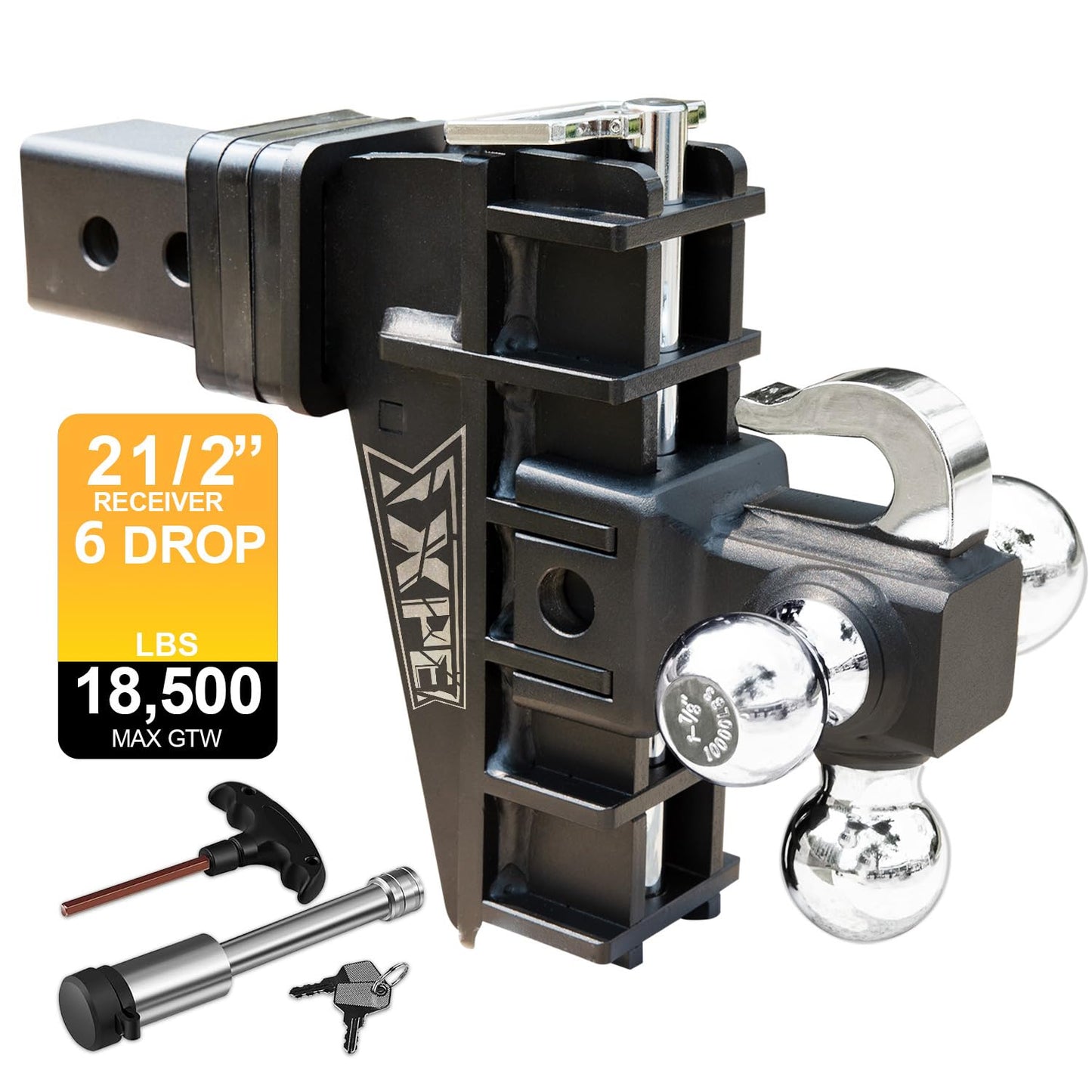 XPE Adjustable Trailer Hitch Fits 2.5-Inch Receiver, Heavy Duty Tow Hitches (18500 LBS GTW) 6 Inch Drop Truck Hitch Tri-Ball Mount with Hook (1-7/8" x 2" x 2-5/16")