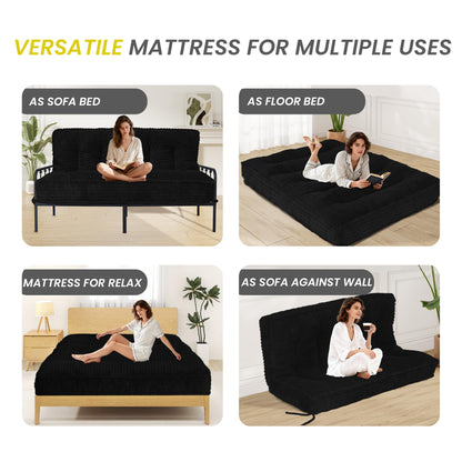 8” Futon Mattress Full Size 54” x 80”, Futon Sofa Couch Bed with Twisted Rope Design Edging, Extra Thick Corded Floor Futon Mattress Sleeping Mat for Adults, Camping, Dorm, Black(Frame Not Included)