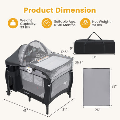 INFANS 4 in 1 Pack and Play, Portable Travel Baby Playard with Bassinet, Changing Table, Canopy, Mosquito Net, Hanging Toys, Music Box, Storage Bag, Large Playpen from Newborn to Toddlers (Black)