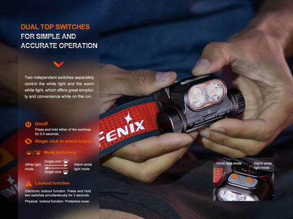 Fenix HM65R-T V2.0 Running Rechargeable Headlamp - 1600 Lumen White Light and Warm White Dual Beams - Lightweight - Long Runtime for Trail Running - Rechargeable, Bundle with Wall Plug