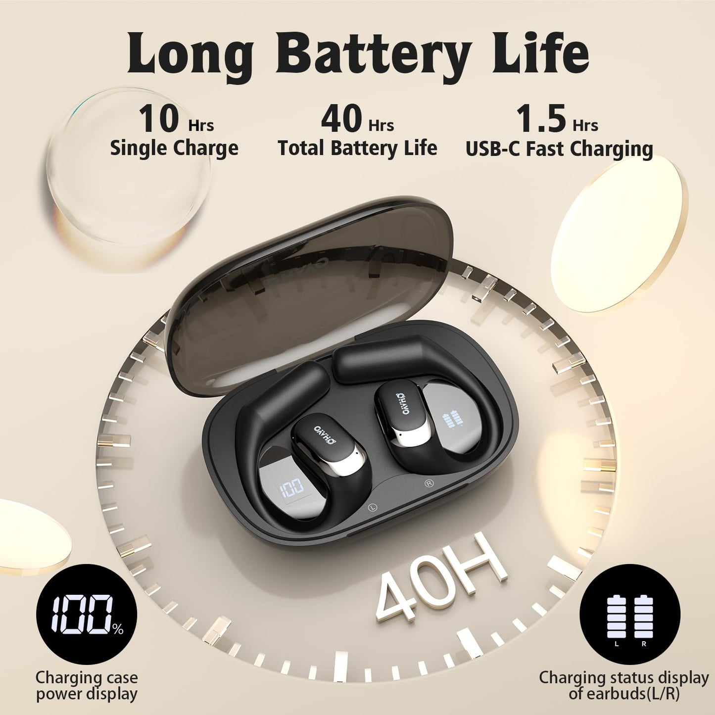 Open Ear Headphones,Over Ear Earbuds with Ergonomic Earhook,Bluetooth Headphones 5.4 with Smart Digital Display,40H Playtime,IPX6 Waterproof,Touch Control Operate Fit Cycling,Running,Workout(Black)
