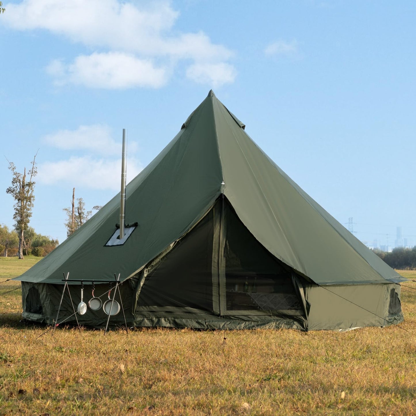 Bell Tent with Stove Jack, Spacious 16.4ft Family Glamping Yurt, 6-8 Person, 4 Season, Easy Setup, Waterproof, Ventilated Outdoor Shelter(16.4ft(Green))