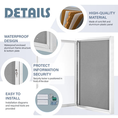 EVERSUPPLY Outdoor Bulletin Board Weatherproof 36x24 in,Enclosed Bulletin Board with Locking Door, Wall Display Case for Office School Home Commercial, Silver Aluminum Frame, Gery Felt