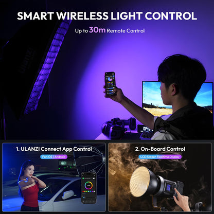 ULANZI RGB Video Light - 120W COB LED Video Light Photography Continuous Output Lighting with Adapter and APP Control, 2700K-6500K 27000lux/m 20 Scenes Bowens Mount for Studio Video Recording, Filming