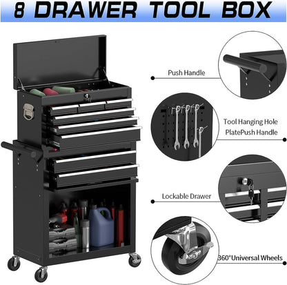 8 Drawer Rolling Tool Chest, High Capacity Tool Box with Lockable Wheels and Drawers, 2 in 1 Portable Toolbox Organizer Storage Cabinet For Garage, Warehouse, Repair Shop