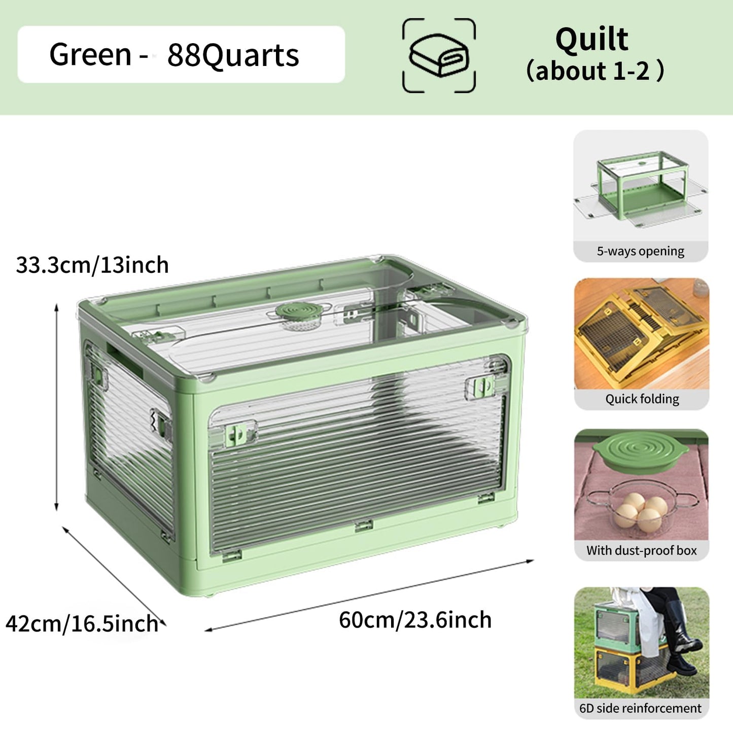 Roqao 3-Pack Stackable Storage Bins, 83-Liter Collapsible with Wheels and 3 Lids, Foldable Organizers for Outdoor Camping, Green