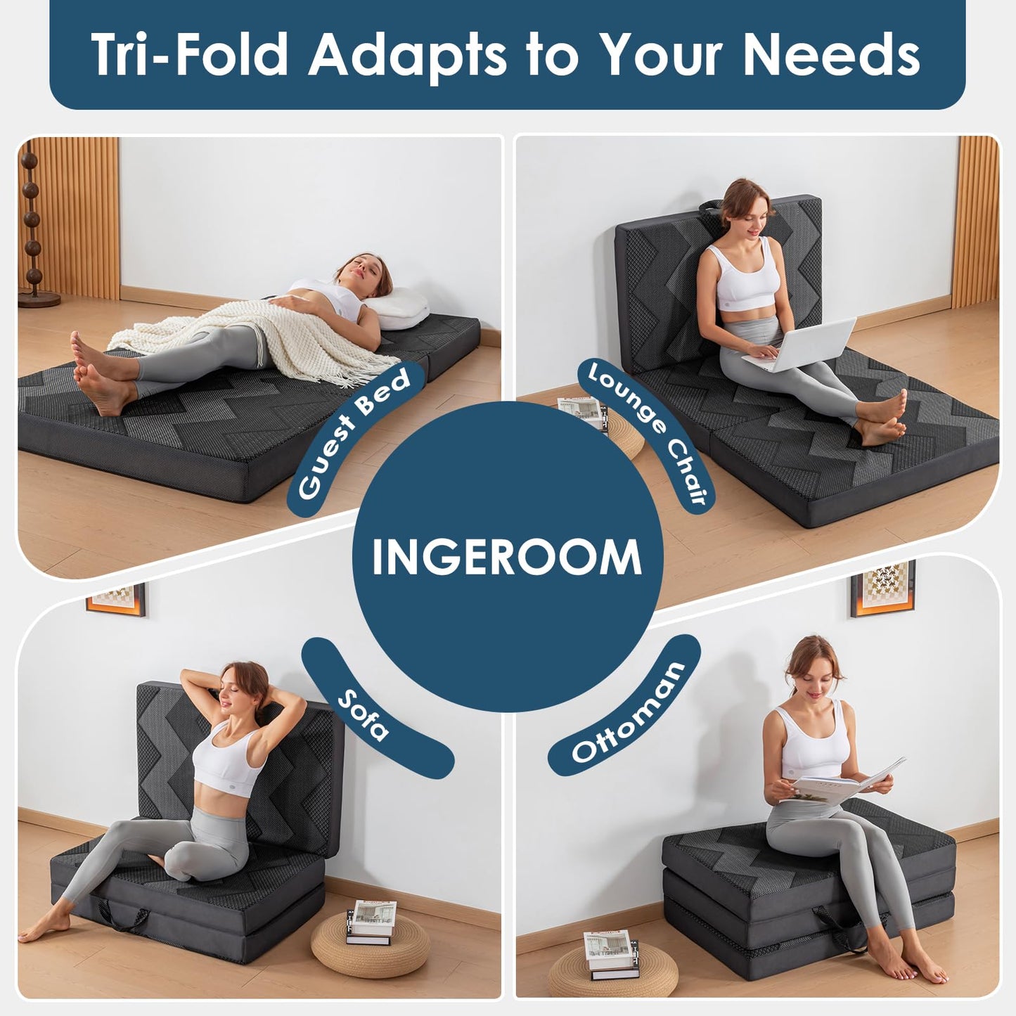 INGEROOM Foldable Mattress Queen - Memory Foam 6 inch Trifold Mattress for Camping, with Portable Handle, Non-Slip Folding Floor Bed Sofa for Guest Travel Yoga, Washable Breathable Cover
