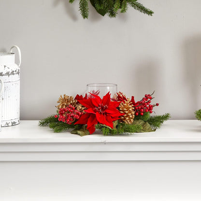 Nearly Natural Poinsettia Candelabrum - Red Artificial Silk Arrangement with Berries & Pine Cones | 6"D x 14"W x 14"H