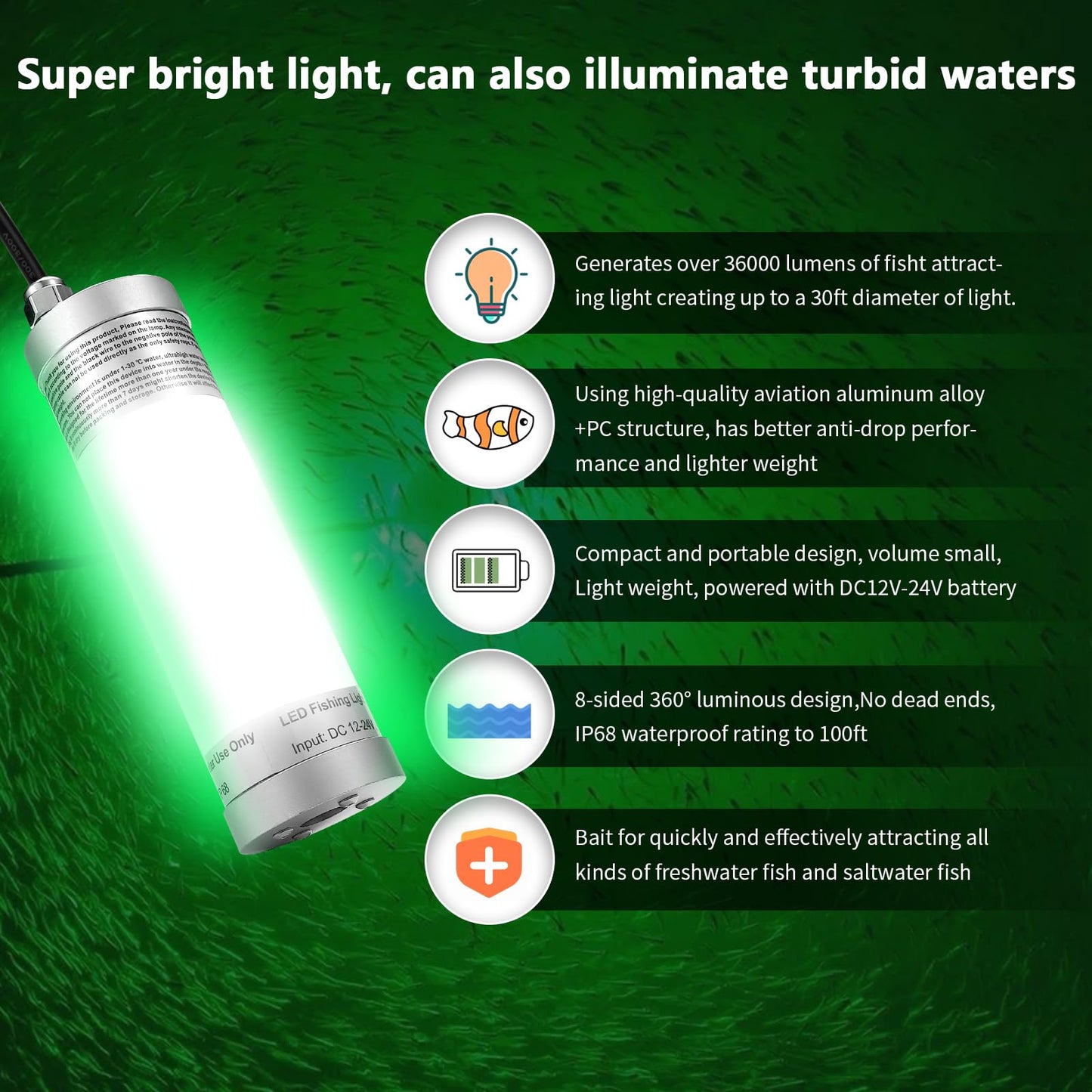 300W 36000lm Underwater Fishing Light, IP68 Waterproof Aluminum Super Bright Night Fish Attracting Submersible LED Lamp Lure Bait Finder for Freshwater Saltwater Sea Kayak Ice Dock (Green)