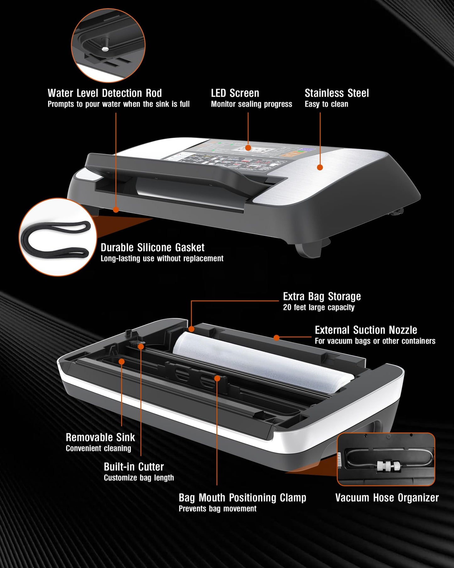 95KPa Food Vacuum Sealer Machine, 230W Vacuum Pack Machine 12-in-1 Automatic Powerful Food Preservation System with Double Heat Seal, Includes Built-in Cutter, Storage, 1 Roll & 10 Bags Black-silver