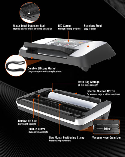 95KPa Food Vacuum Sealer Machine, 230W Vacuum Pack Machine 12-in-1 Automatic Powerful Food Preservation System with Double Heat Seal, Includes Built-in Cutter, Storage, 1 Roll & 10 Bags Black-silver