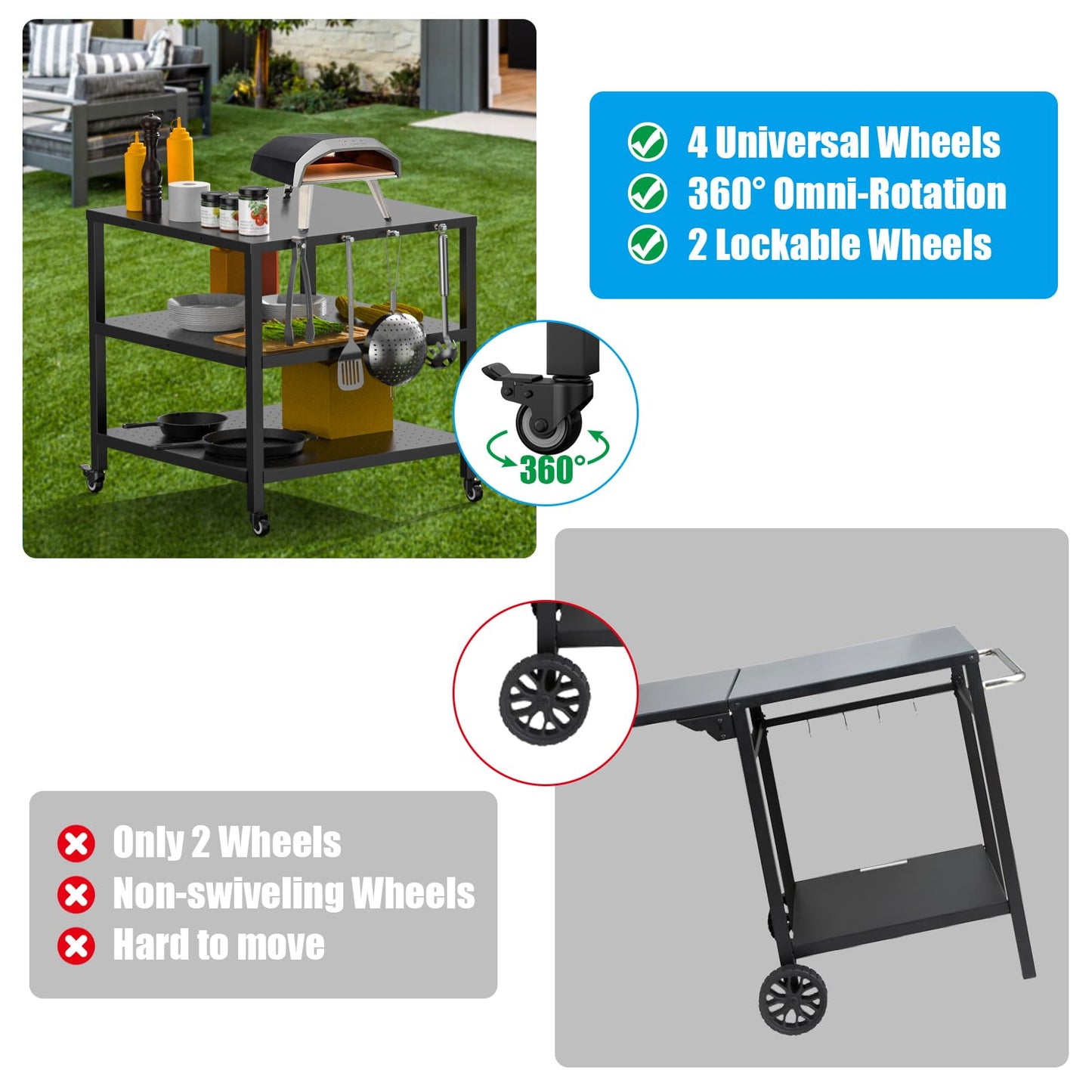 31x31x33 Inch Grill Cart for Outdoor Pizza Oven Table for Ooni, Blackstone, Ninja Grill Stand, Three-Shelf Movable Food Prep and Work Cart Station, Stainless Steel Trolley Table with Waterproof Cover
