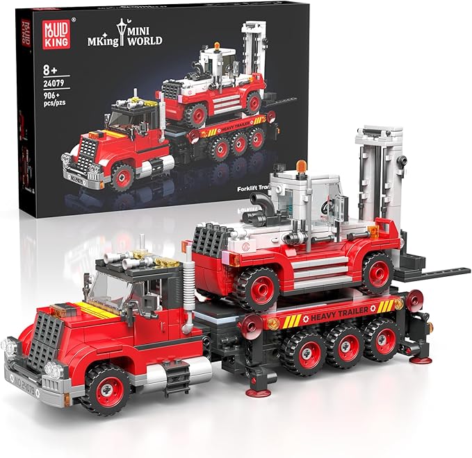 Mould King Trailer Toy Building Block Realistic American Style Semi Truck Model Building Sets for Boys Girls Ages 8+ 24079 STEM Toy with Forklift Truck Collectible Model for Adults (906 PCS)