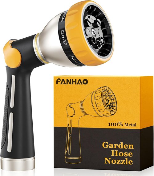 FANHAO Heavy Duty Metal Garden Hose Nozzle - 8 Adjustable Spray Patterns for Versatile Watering