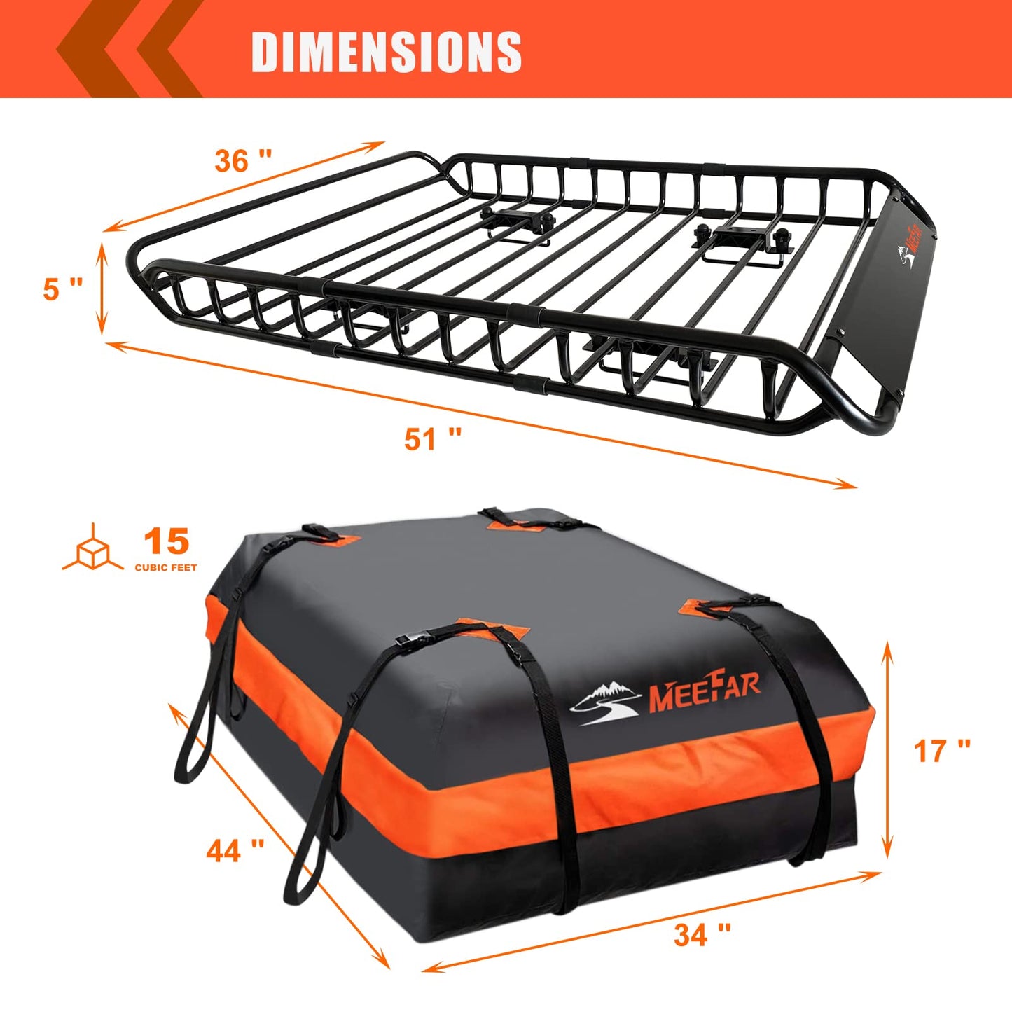 Roof Rack Carrier Carrier Basket 51"*36"*5"+Waterproof Bag 15 Cubic Feet(44"*34"*17"),and Cargo Net with Attachment Hooks,Ratchet Straps.200 Lbs Capacity,Universal Rooftop Large Size Roof Rack