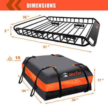 Roof Rack Carrier Carrier Basket 51"*36"*5"+Waterproof Bag 15 Cubic Feet(44"*34"*17"),and Cargo Net with Attachment Hooks,Ratchet Straps.200 Lbs Capacity,Universal Rooftop Large Size Roof Rack