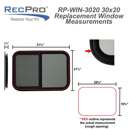 RecPro RV Window - Teardrop Style Horizontal Sliding Replacement - 30inW x 20inH - Black - Model RP-WIN - Made in USA