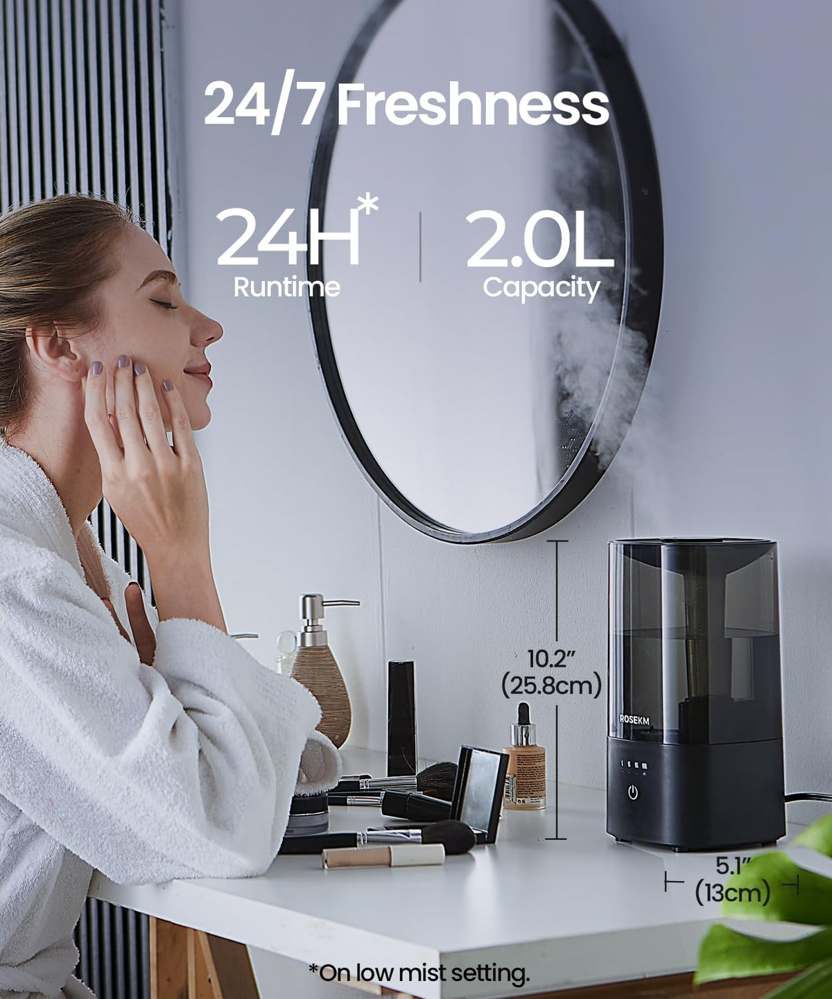 ROSEKM Cool Mist Humidifier - 2.0L Ultrasonic Design for Bedroom & Nursery | Quiet, Filterless, Black