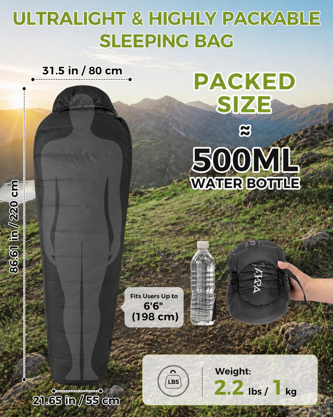 ATEPA 700FP Down Sleeping Bag for Adults, Ultralight 0 Degree Mummy Sleeping Bag with RDS Down & Recycled 15D Nylon Shell for Backpacking Camping Hiking, ISO Limit 35°F, Black