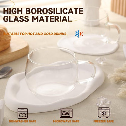 GURUDAR Glass Tea Cups Set of 2, Clear Borosilicate Glass Teacups with Handle for Tealover, Dishwasher & Microwave Safe Large Coffee Mugs for Espresso Cappuccino Latte Juice, 12OZ/360ML