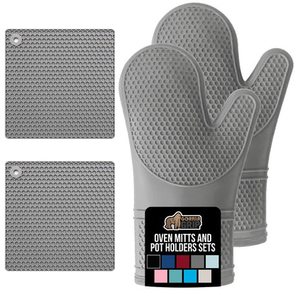 GORILLA GRIP BPA-Free Soft Silicone Oven Mitts and Pot Holders Sets, Heat Resistant Waterproof Cooking Gloves, Thick Cotton Lining, Flexible Gripping for Baking Grilling, Kitchen Trivets, Turquoise
