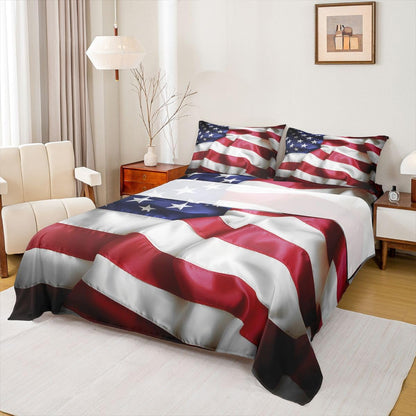 Erosebridal United States Sheet Set Teens American Flag Fitted Sheet Queen, Blue Red Bedding Set Geometric Stripes Bed Sheet with Deep Pocket, 4 Pcs with 1 Fitted Sheet, 1 Flat Sheet, 2 Pillow Cases