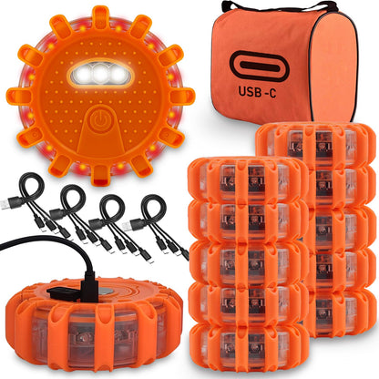 Ecoangel USB-C Rechargeable LED Road Flares Emergency Lights-Large Capacity (Lithium Battery) 3 in 1 Cable Roadside Warning Car Safety Beacon Flashing Disc Kit with Magnetic Base for Vehicles