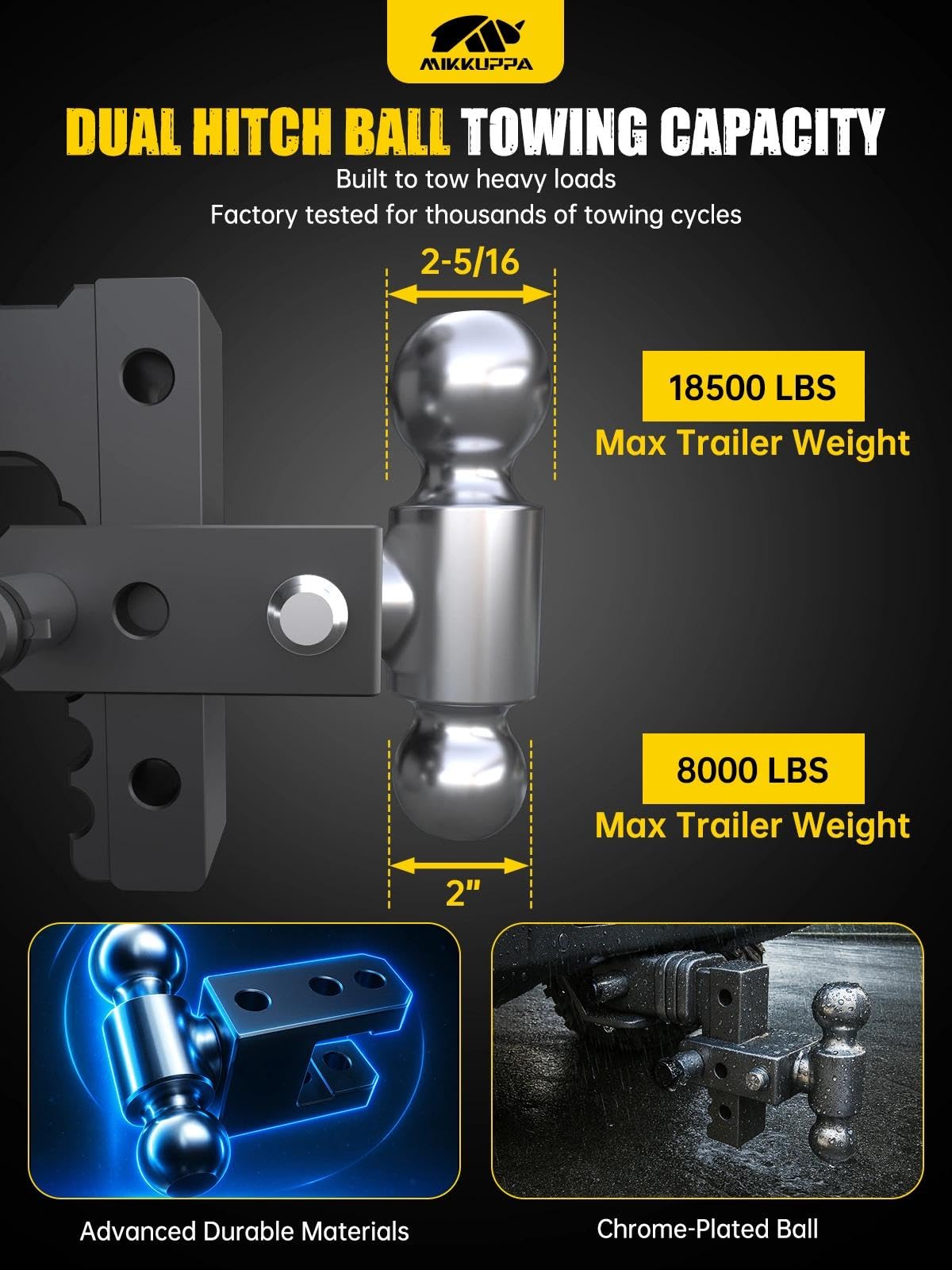 MIKKUPPA Adjustable Trailer Hitch - Fits 2.5" Receiver, 6" Drop/Rise Heavy Duty Aluminum Tow Hitches for Truck with Dual Ball Mount 2" x 2-5/16" (18,500 LBS GTW) and Anti-Theft Locking Hitch Pins