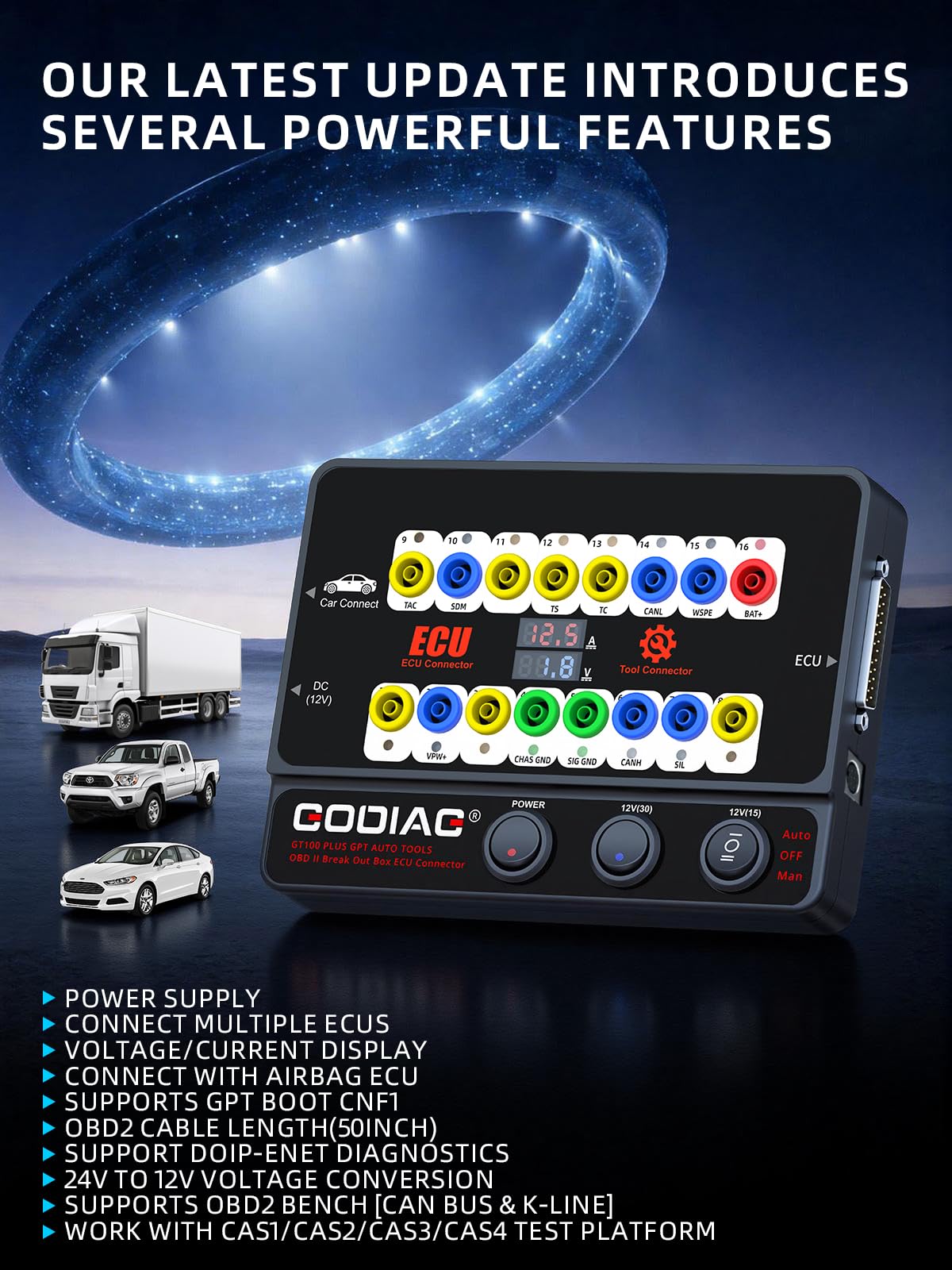 GODIAG GT100 Plus OBD2 Breakout Box, CAN Protocol Detector for ECU Bench Testing Platform, GPT/DOIP/ENET & Car Diagnostics