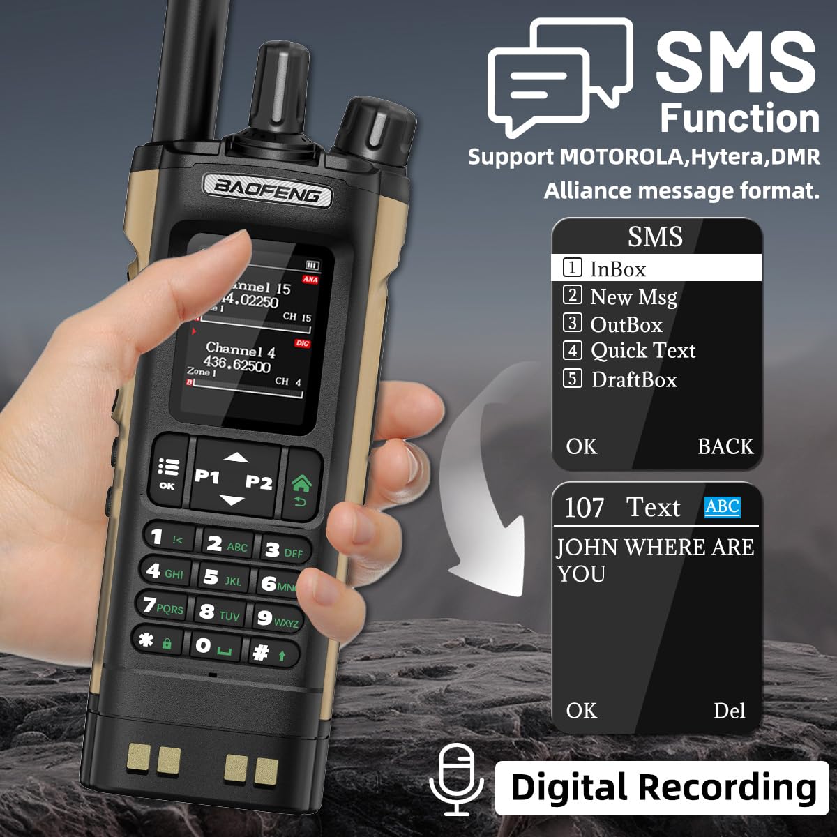 BAOFENG DM32 DMR Radio Ham Radio Handheld 10W Long Range Rechargeable Two Way Radio Walkie Talkies GPS DM-32UV Digital NOAA Weather Radio with Programming Cable for Hunting Survival Gear,2Pack
