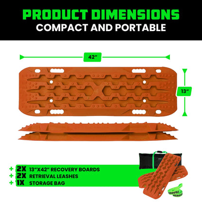 Rhino USA Off-Road Recovery Traction Boards - 2 Pack Ultimate Tire Traction Mountable Mats for 4X4 Vehicles in Sand, Mud & Snow. Heavy Duty Zipper Carry Bag and Leashes Included - (Orange)