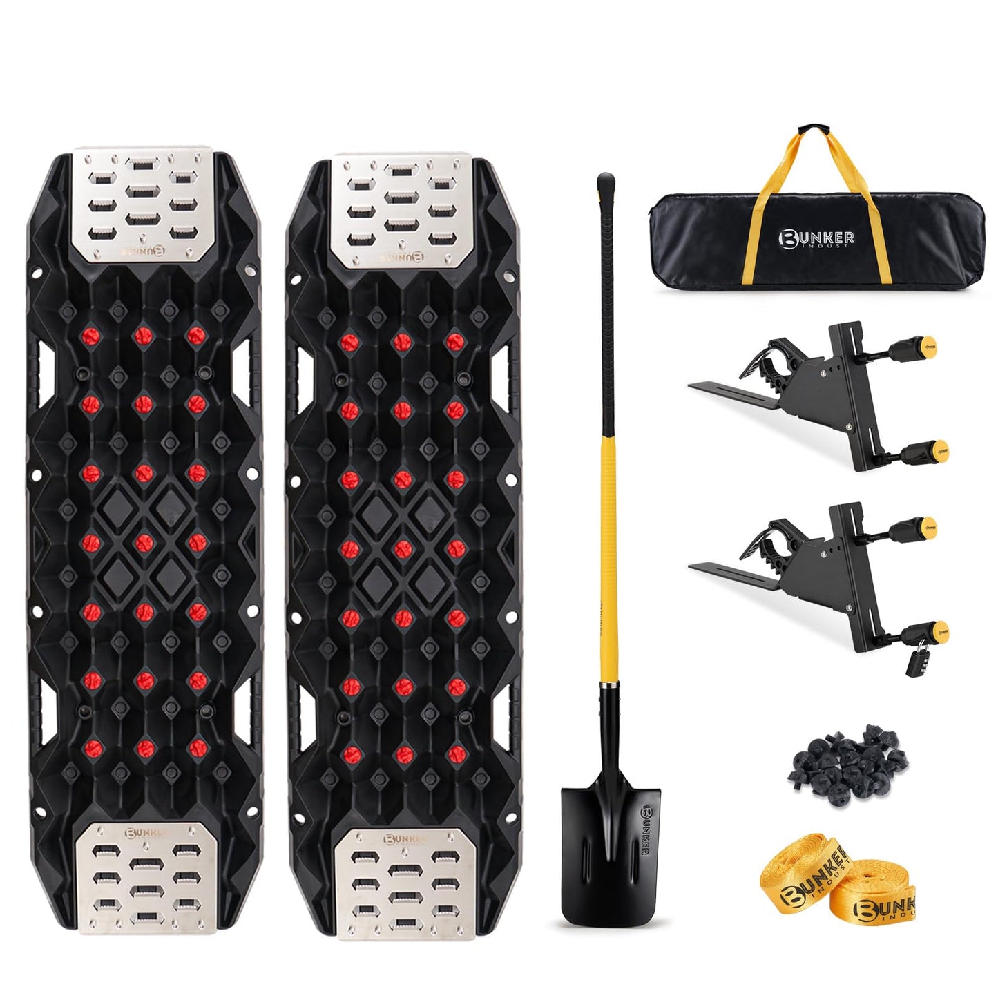 BUNKER INDUST Traction Board Recovery Kit, 2 Pcs Gen 11 Recovery Track with Carry Bag, Side Mount Bracket Kit with Lock, 1 Pcs 59 inch Square Shovel for Garden,Digging,Camping, 4x4 Off-Road