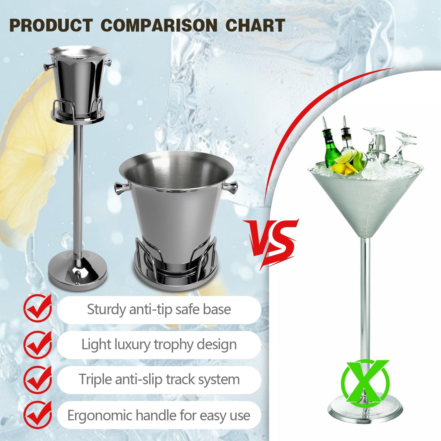 Champagne Bucket with Stand, Wine Bucket Stand with 5L Bucket, Stainless Steel Standing Ice Buckets for Bar, KTV, Hotel, Party, Gathering (Silver, 2 Packs)