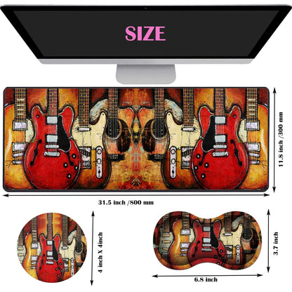 Extended Gaming Mouse Pad Desk Pad Keyboard Pad, Mouse Wrist Rest and Coaster, Anti-Slip Rubber Base Mouse Pad, Suitable for Gaming and Office, Guitar
